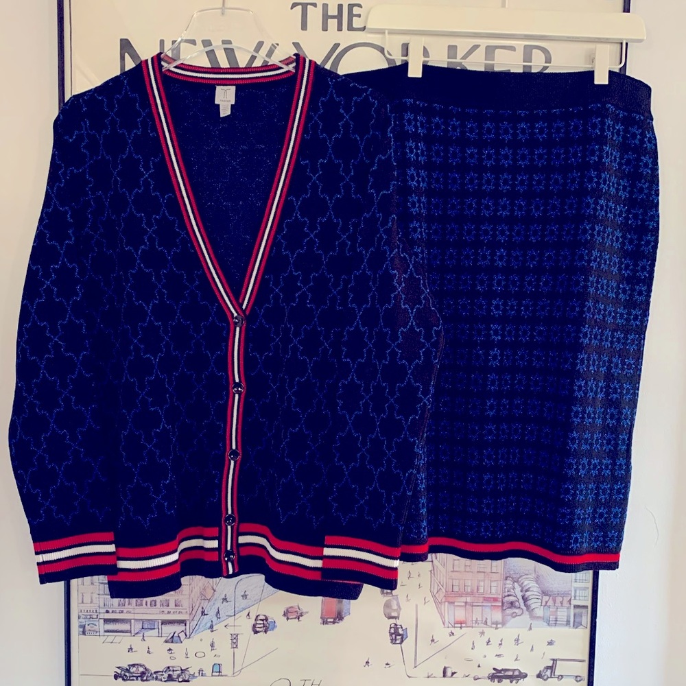 Tristan 2 piece knit cardigan and skirt suit with metallic floral print size L